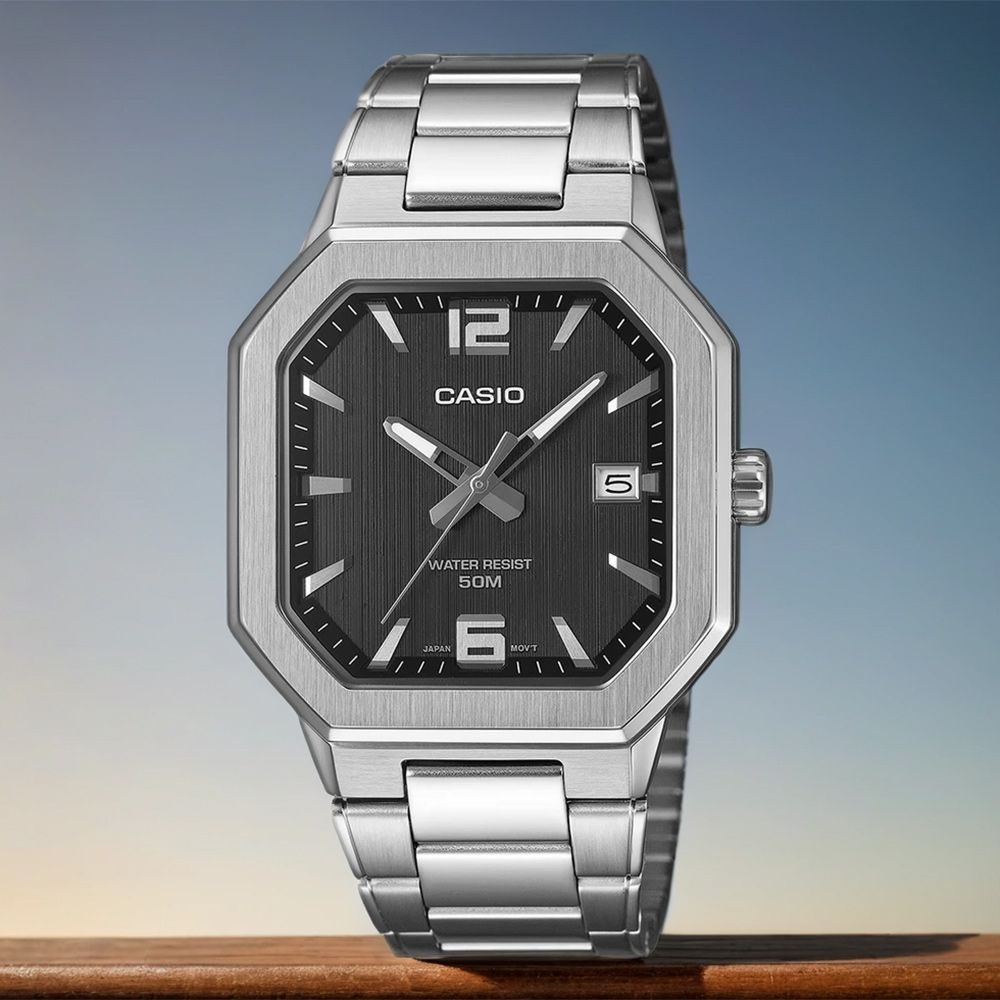 CASIO 卡西歐 八角日期指針手錶 不鏽鋼帶 考試錶 學生錶 開學換新季 送禮推薦-黑x銀 MTP-B195D-1AV