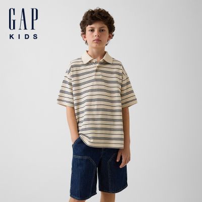 【GAP】兒童寬鬆PK布Polo衫-卡其條紋/深藍條紋/紅色條紋/黑色(899689)