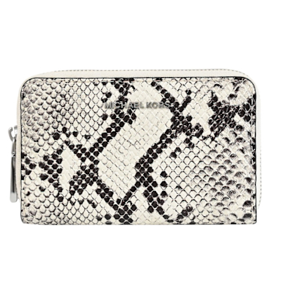 MICHAEL KORS Jet Set 浮雕LOGO蛇紋皮革ㄇ字拉鍊零錢夾(白)
