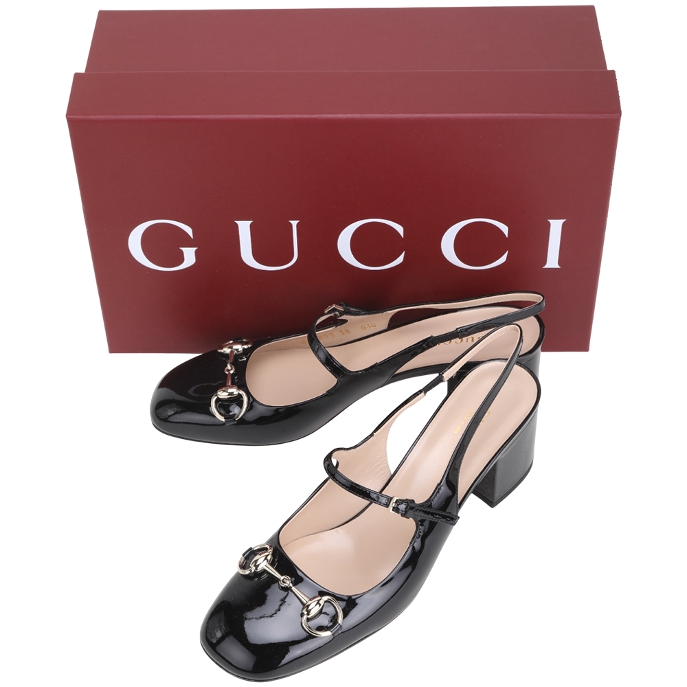 GUCCI 古馳 漆皮馬銜扣小牛皮露跟瑪莉珍鞋(跟5.5CM/黑色)