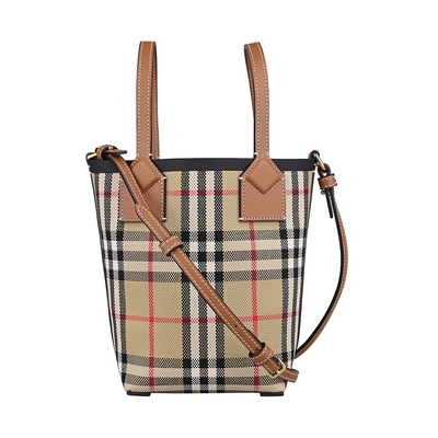 BURBERRY 巴寶莉  London編織大小格紋設計織布手提斜背托特包(迷你/典藏米x棕x酒紅)