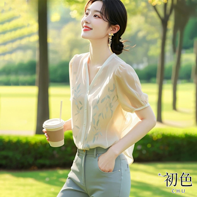 初色 法式清新輕薄V領短袖花卉印花休閒雪紡衫小衫襯衫上衣女上衣-花色-11447(M-XL可選)