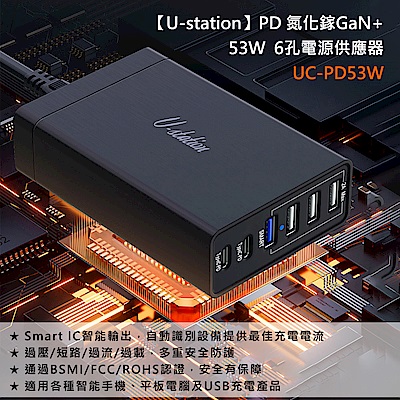 【U-station】PD 氮化鎵GaN 53W 6孔電源供應器 UC-PD53W