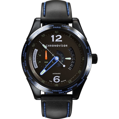 Chronovisor Watch 格樂威治 PIONEER系列 獨立三針機械腕錶-43mm黑x藍 CVGM7102-L-BE
