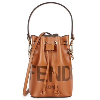 【FENDI 芬迪】8BS010AC9LF0QVK 經典Mon Tresor全牛皮燙印LOGO束繩迷你手提/斜背水桶包(棕色)