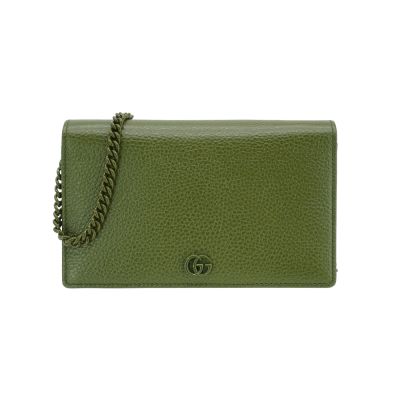 Gucci 古馳 展示品 GG Marmont 粒紋牛皮綠鍊帶Woc斜背包(497985-綠)