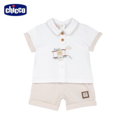 chicco官方直營-飛行小熊-有領短袖+直條短褲套裝