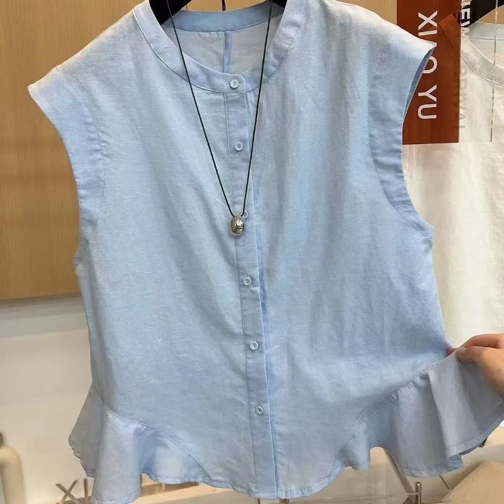 【LANNI 藍尼】★小清新荷葉下襬棉麻背心(女裝/女上衣/無袖背心/休閒/日系/通勤) (藍)