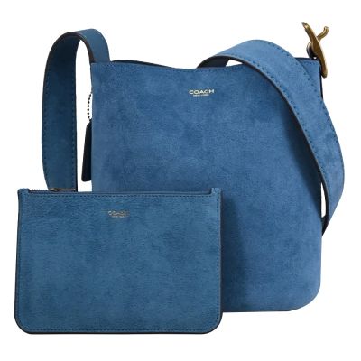 COACH BLEECKER 21 經典LOGO絨面皮革斜背/水桶包(藍)