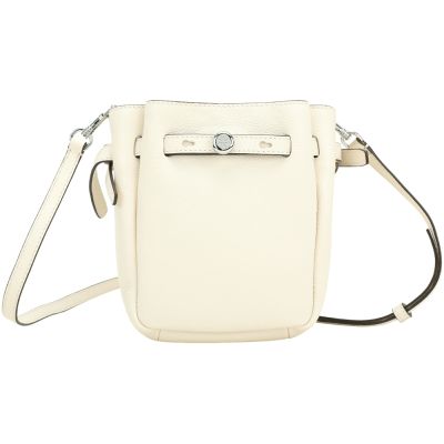 TORY BURCH Romy 鈕扣金屬標誌荔紋牛皮扣帶肩 斜背水桶包(小款/白色)