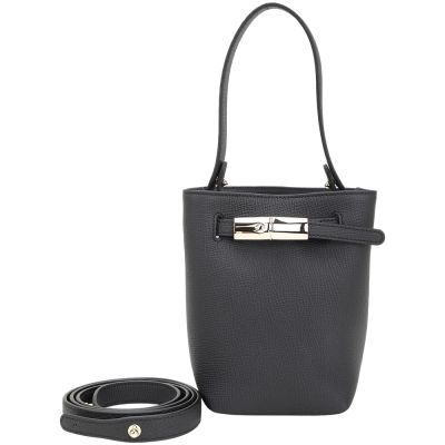 LONGCHAMP Le Smart XS 竹節扣帶荔紋小牛皮手提 肩斜背水桶包(黑色)