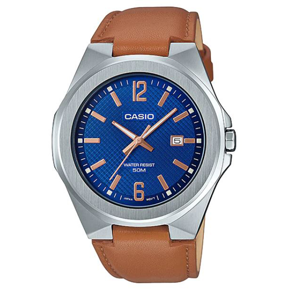 CASIO 現代都會感城市男子時尚皮帶腕錶-藍面(MTP-E158L-2A)/44mm