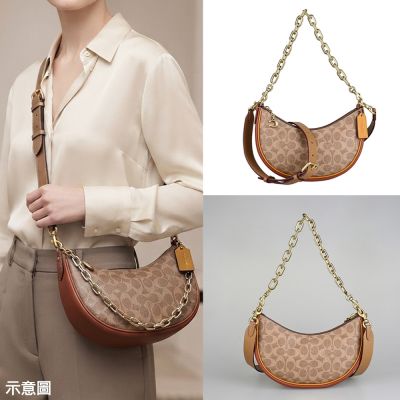 COACH PVC拼牛皮Mira系列鏈條拉鍊式肩背斜背半月包(中/焦糖棕x卡其)