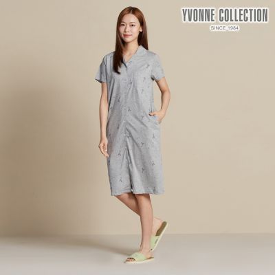 YVONNE 以旺傢飾 長頸鹿印花開襟短袖洋裝-迷霧灰