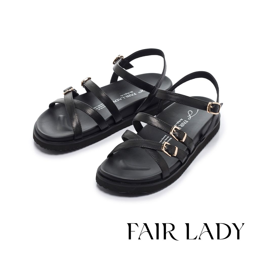 FAIR LADY 小時光 羅馬交叉帶厚底輕量涼鞋 黑 (1A3129)