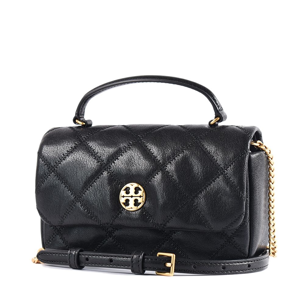TORY BURCH WILLA 金色LOGO菱格紋手提/斜背二用包-黑色/迷你