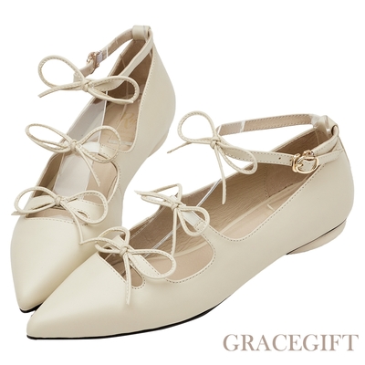 【Grace Gift】小貓聯名-浪漫邂逅全真皮尖頭蝴蝶結芭蕾平底鞋 米白