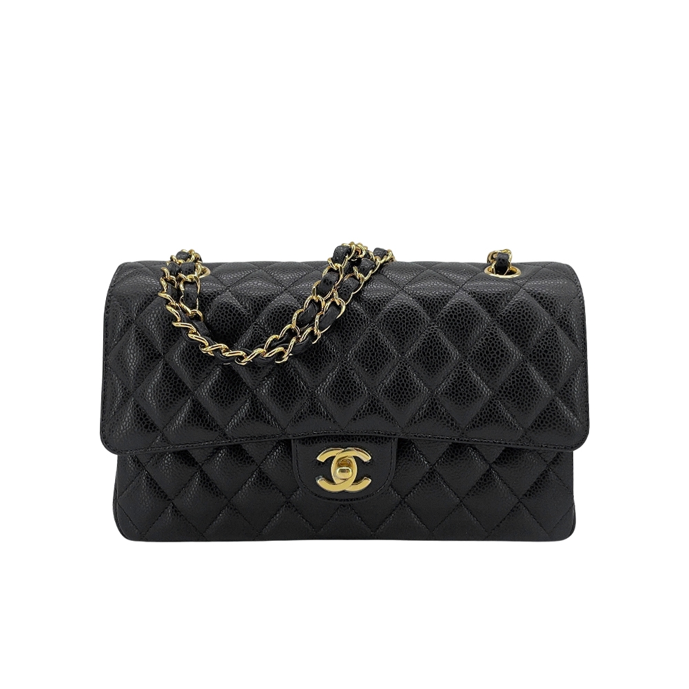 CHANEL 小物 Chanel 經典雙C菱格牛皮金鍊翻蓋coco斜背包-25cm(A01112-黑