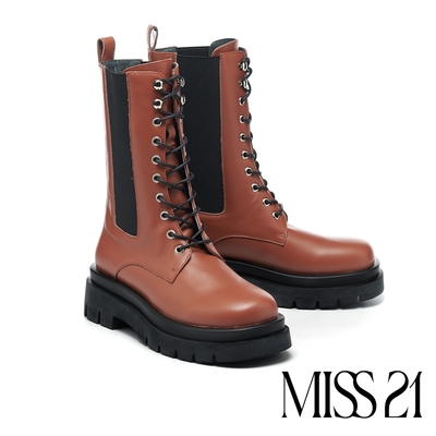 中筒靴 MISS 21 率性復古少女牛皮切爾西綁帶厚底中筒靴-棕