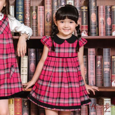 Annys安妮公主-童裝 混金蔥格紋小圓領拼接秋冬款公主袖洋裝*2250桃粉