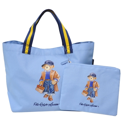 POLO Ralph Lauren 經典小熊LOGO圖騰字母刺繡釦式中型手提/肩背托特包(天藍)