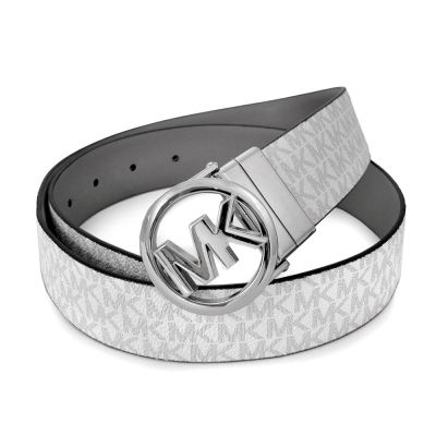 MICHAEL KORS 鏤空大圓標Logo滿版MK搭配皮革35mm雙面翻轉皮帶(香草白灰色)