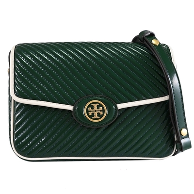 TORY BURCH Kira 斜紋車線裝飾漆皮翻蓋肩/斜背鍊包(松綠色)