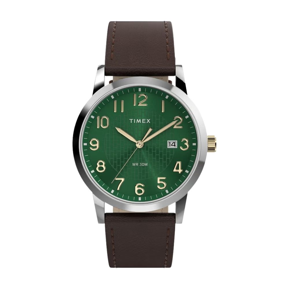 TIMEX 天美時 Main Street 38毫米 簡約 日期窗 皮革錶帶腕錶(綠x棕 TXTW2Y67600)