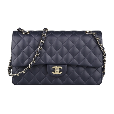 CHANEL香奈兒 CHANEL COCO金字雙C LOGO菱格紋絎縫設計小羊皮旋扣式鏈帶肩背斜背包(展示品/深藍)
