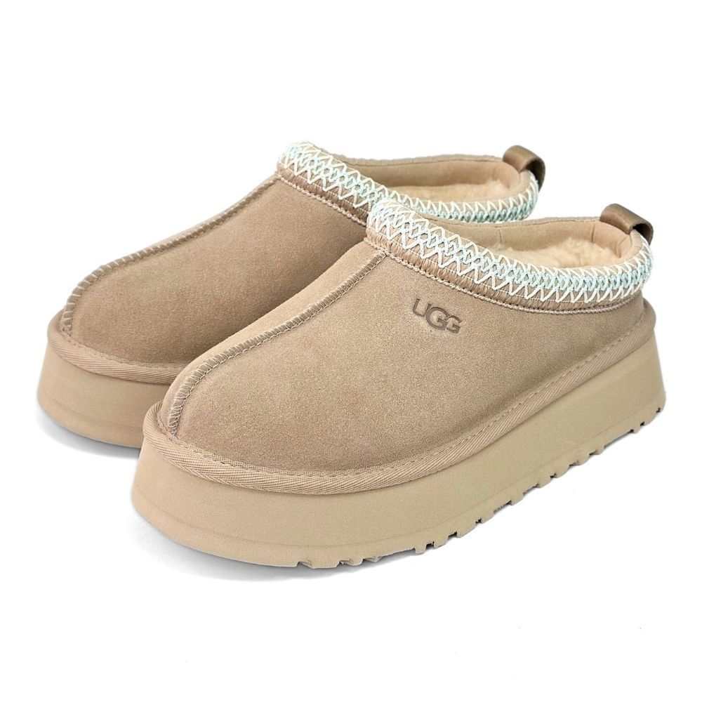 UGG Tazz 民族風厚底低筒雪靴 女 沙褐色 真皮羊毛一體短靴 保暖加絨休閒靴 防潑水低幫雪地靴 一腳蹬穆勒鞋 1174471