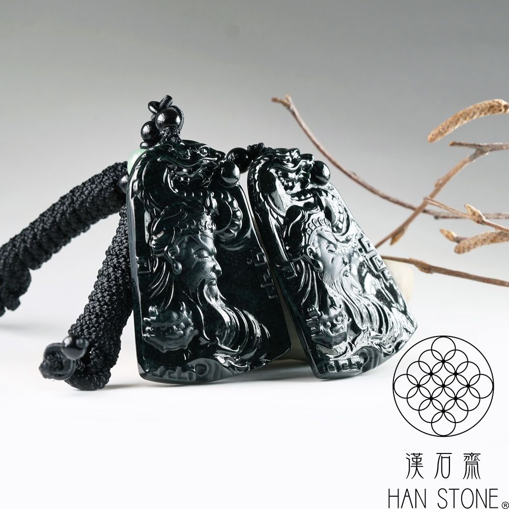 翡翠関羽軍神財神像、7X3，天然ジェイダイト・黒い玉手箱
