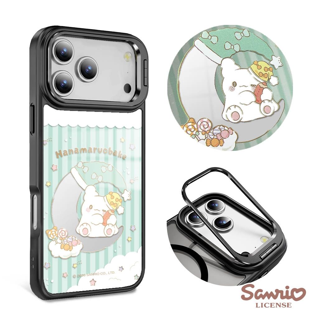 三麗鷗 iPhone 18/17/16/15/14/13系列 防摔合金框隱形立架鏡面磁吸手機殼-月亮花丸-黑框