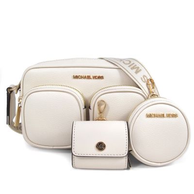 MICHAEL KORS Jet Set Item 金字Logo鵝卵石紋皮革織紋寬帶三合一斜背包(乳霜白)