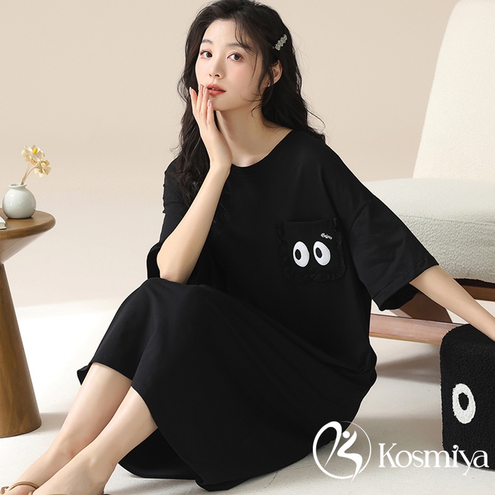 【Kosmiya】1件 悠然夢境棉質睡裙/女睡衣/睡衣/睡裙/居家服/居家睡衣/連身洋裝/洋裝(2色可選/均碼/加大碼) (悠然夢境-黑色大眼睛)