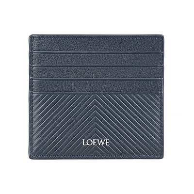 LOEWE銀字英文LOGO柔軟小牛皮人字壓花設計8卡開放式卡夾(海軍藍)