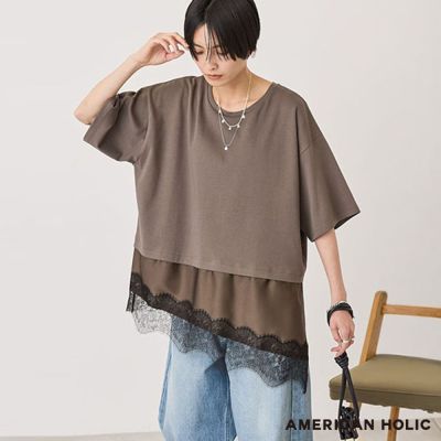 〈AMERICAN HOLIC〉蕾絲層次下擺拼接圓領上衣