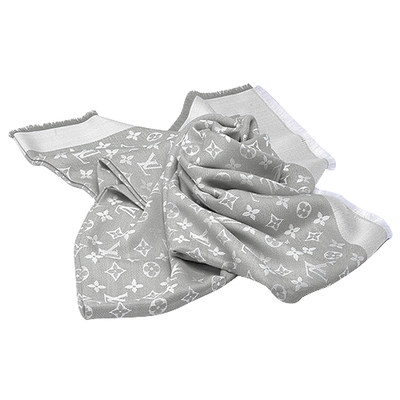 LV Louis Vuitton路易威登 M70804經典DENIM MONOGRAM花紋羊毛混絲披肩(珍珠灰)