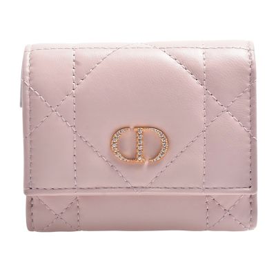 DIOR 經典Dior Caro Hibiscus系列小羊皮水鑽 CD標誌三折短夾(國外限定版-淡粉色)