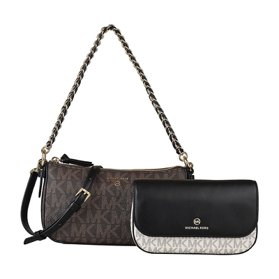 MK MICHAEL KORS JET SET金字LOGO拼色PVC滾邊牛皮4合1斜背子母包(褐x黑x香草白)