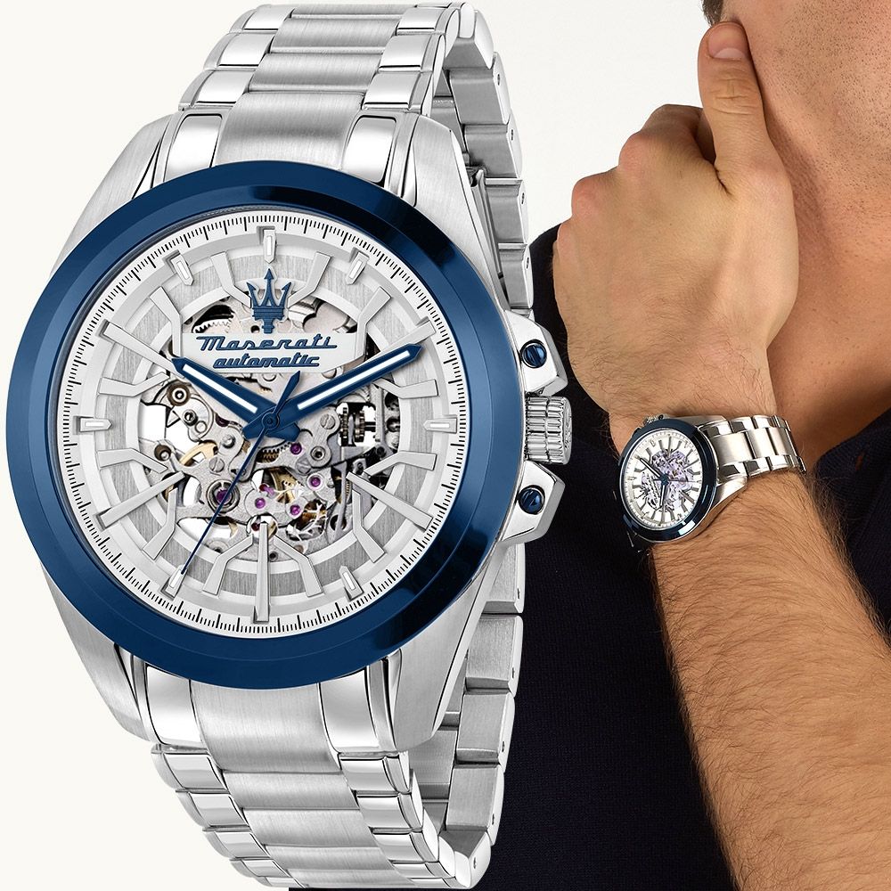 MASERATI 瑪莎拉蒂 Sorpasso Traguardo 鏤空機械錶 寵爸時刻 送禮推薦-銀x藍/42mm R8823112006