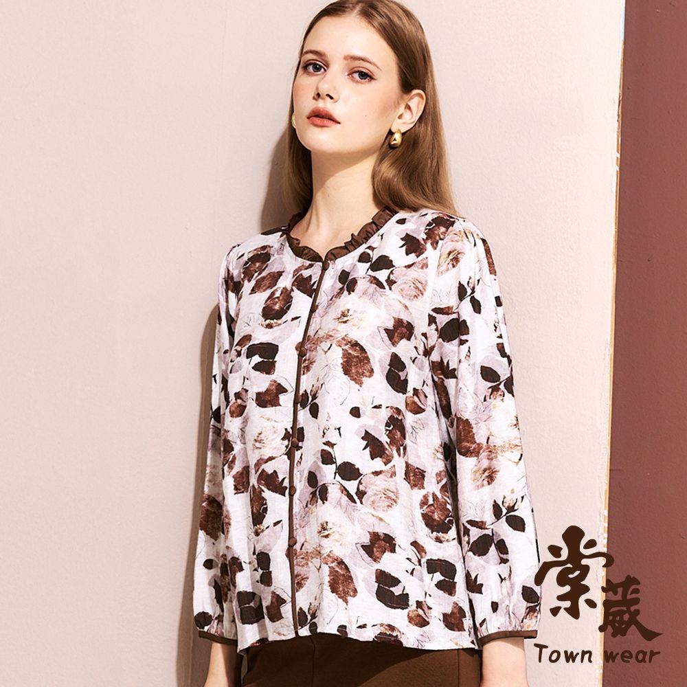 【TOWNWEAR棠葳】天絲棉葉影印花上衣(中大尺碼/女上衣/女上著/棉質/長袖/滿版/荷葉領) (咖啡色系)