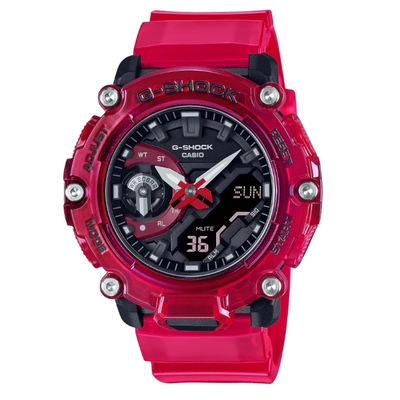 CASIO卡西歐 G-SHOCK 炫彩音浪 搶眼紅 半透明 碳核心防護構造 雙顯系列 GA-2200SKL-4A 47.1mm