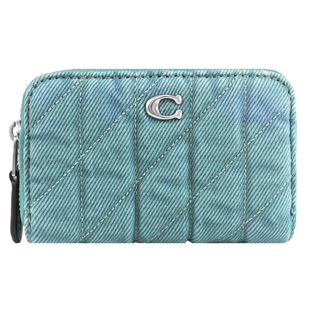 COACH 金屬C LOGO刷色丹寧織布ㄇ字拉鍊零錢包(藍綠)
