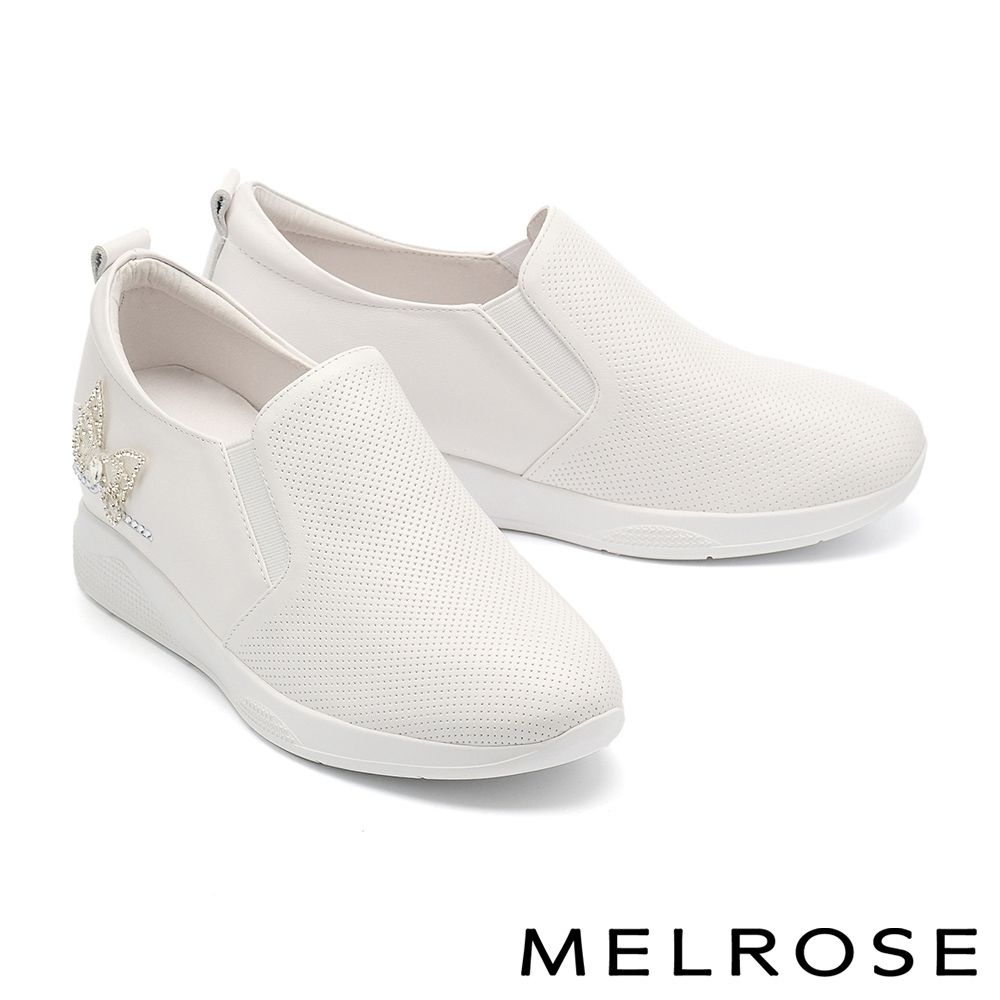 休閒鞋 MELROSE 美樂斯 精緻率性白鑽蝴蝶刺繡沖孔牛皮內增高厚底休閒鞋－白