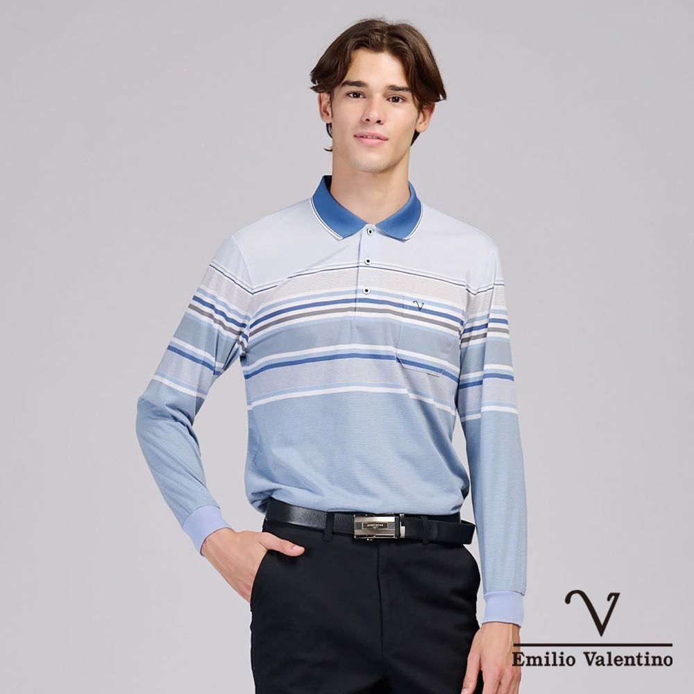 Emilio Valentino 范倫鐵諾 男 長袖POLO衫 棉質舒適透氣 口袋 上衣 薄長袖_淺藍(15-6V0950)