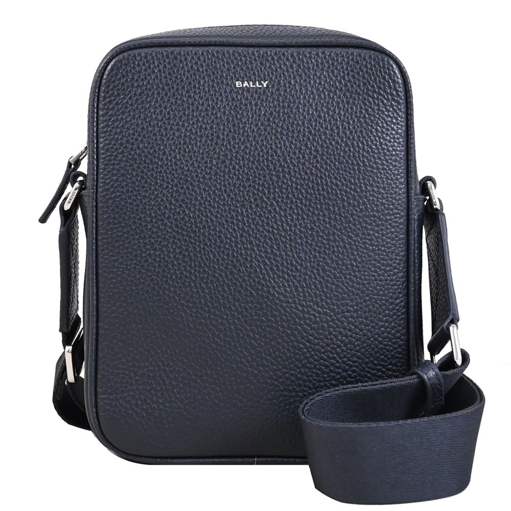 BALLY YORK POUCH 燙印LOGO荔枝牛皮拉鍊直式斜背包(深藍)
