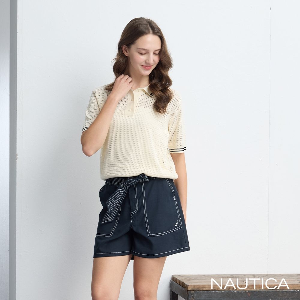 NAUTICA 官方旗艦 女裝 鏤空針織POLO衫-白色