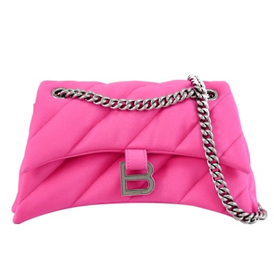 BALENCIAGA巴黎世家 BALENCIAGA CRUSH 金屬B LOGO絎縫布斜背鍊包/沙漏包(桃紅)