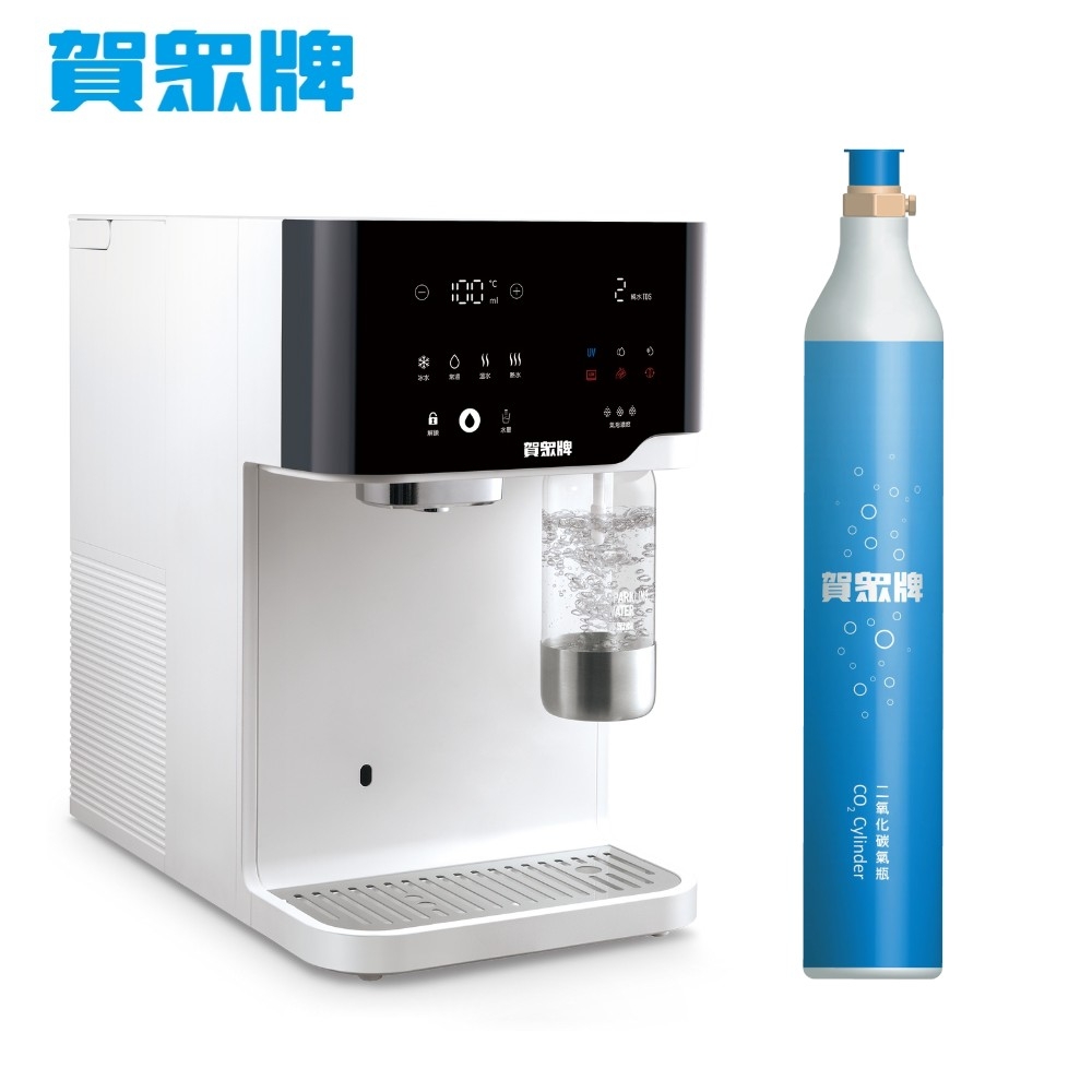 【賀眾牌】跨世代輕盈氣泡飲水機UR-3602AW-1＋專用氣瓶RF-251全新瓶 (免安裝/氣泡/冰溫熱/雙UV殺菌/RO/旋轉瓶/全品牌氣泡水機適用)
