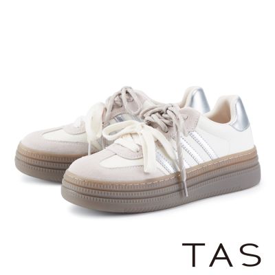 TAS 牛皮拼接牛反絨雙帶撞色厚底休閒鞋 米色